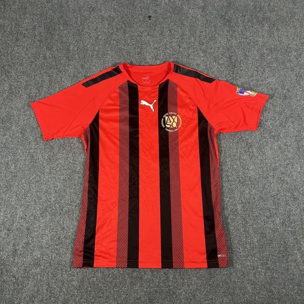Puma Team Striped jersey in red and black #11 Men's Medium  "AYSO" logo #2943